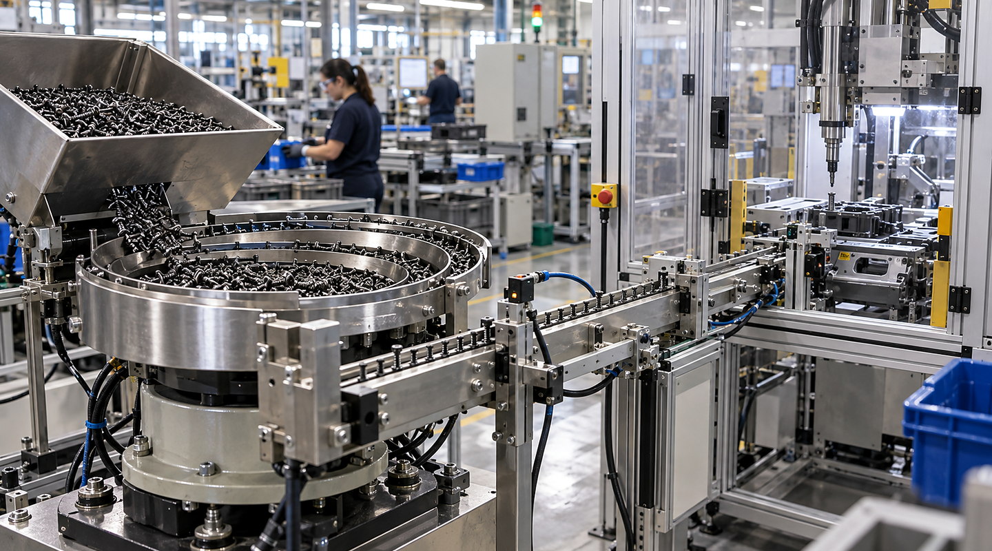 A vibratory or step feeder supplying correctly oriented fasteners through a track to an operating assembly cell.